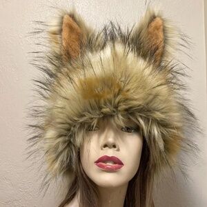 Wolf Hat Ears Brown Fluffy Wild Fur Costume Head Piece Warm Winter Furry Wolf Fo